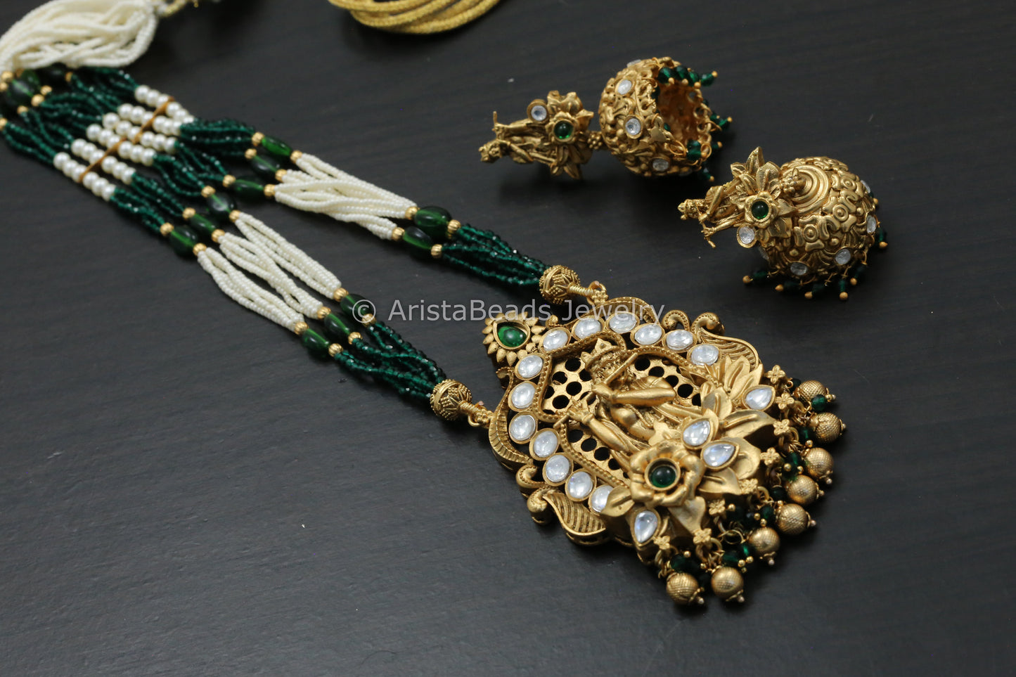 Shri Krishna Kundan Polki Necklace Set - Green
