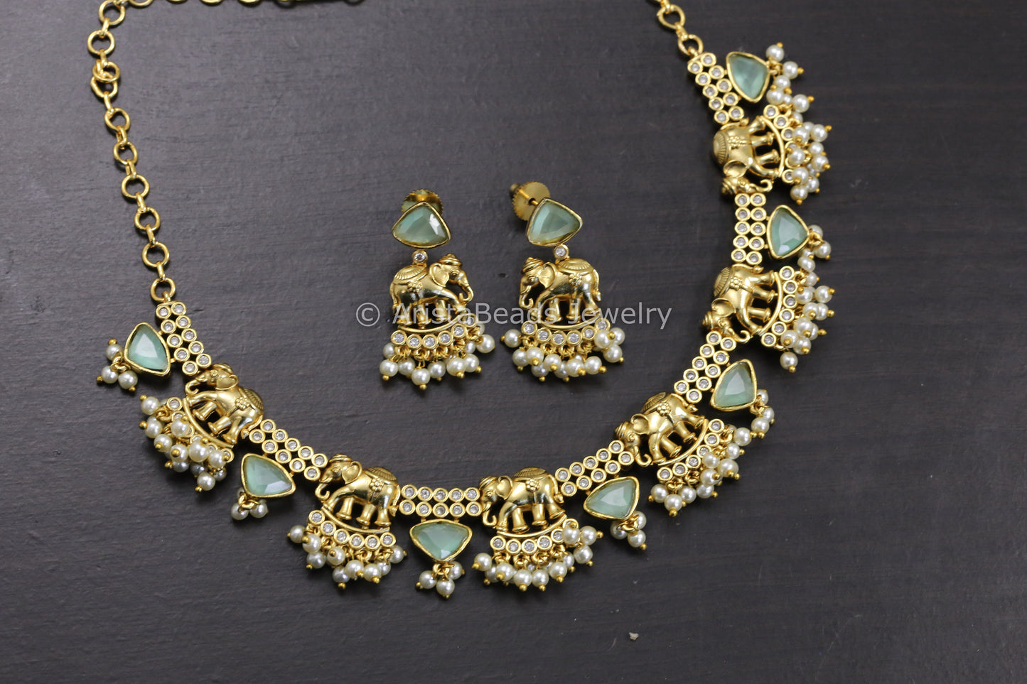 Gold CZ & Elephant Necklace Set - Mint