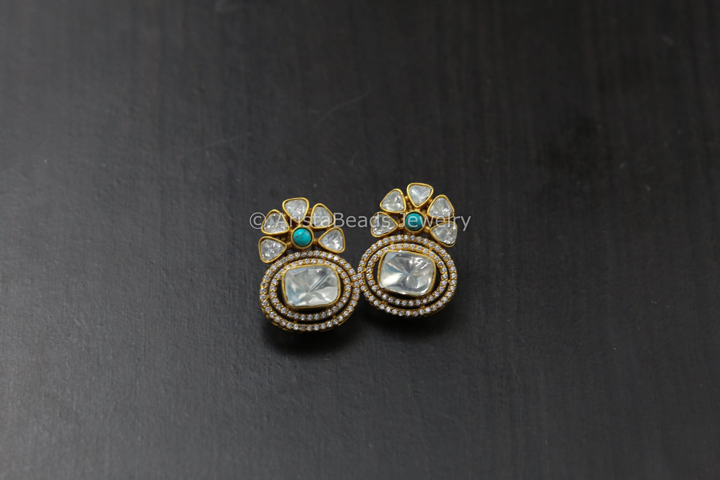 Premium Uncut Polki Flower Stud- Turquoise