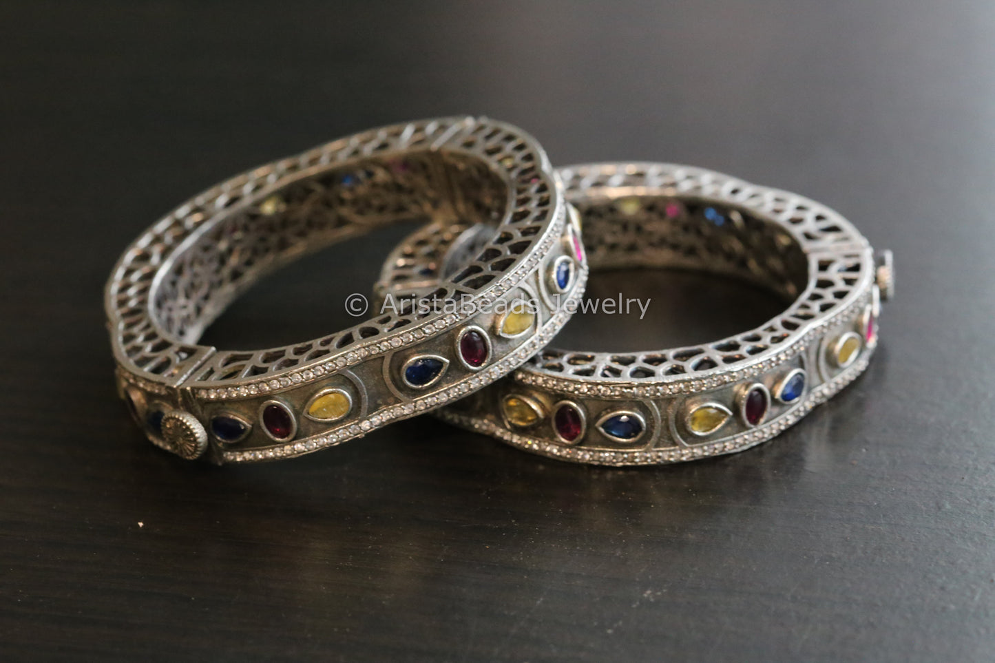 Silver Look Kemp Oxidized Bangle (Openable) - Multicolor