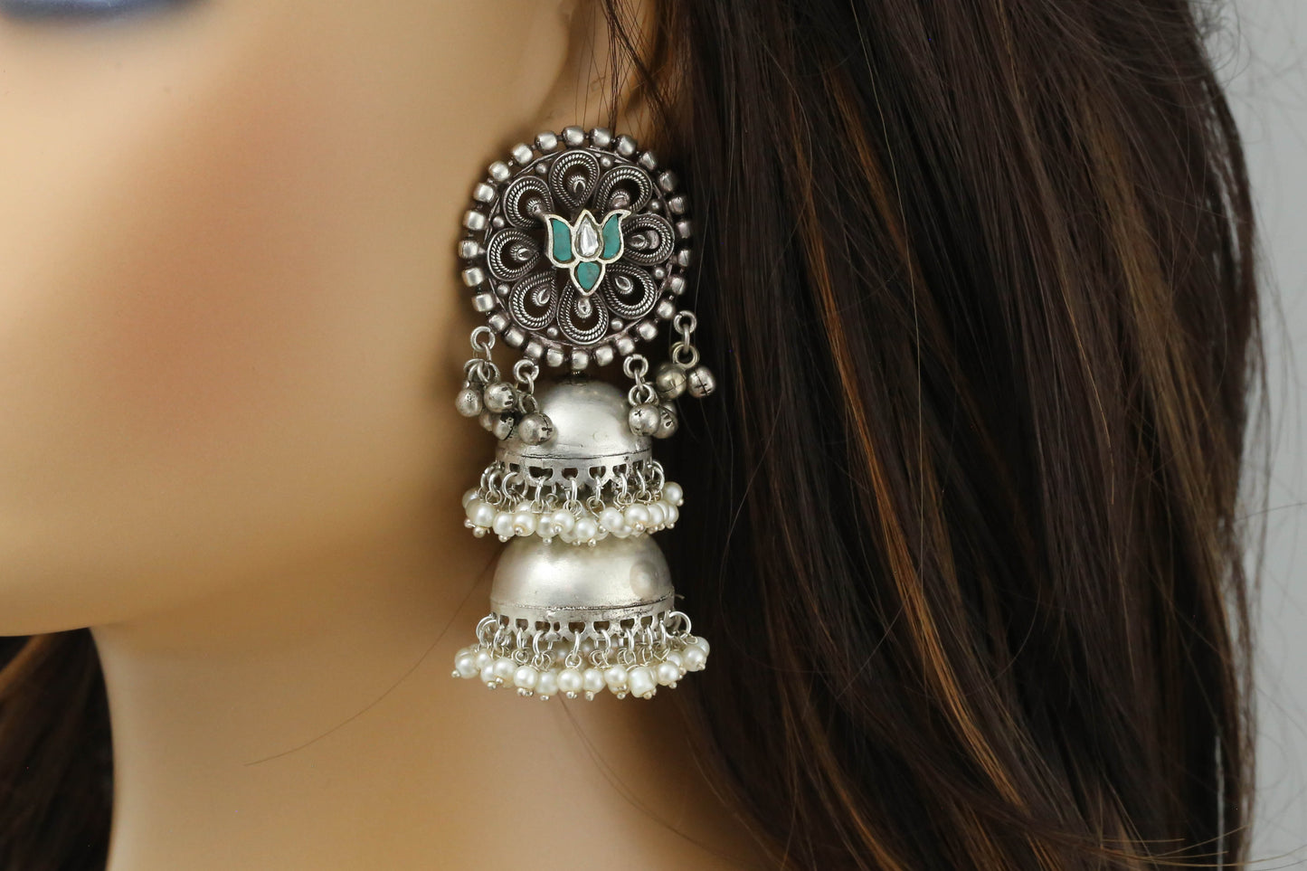 Silver Polish Turquoise Kundan Jhumka