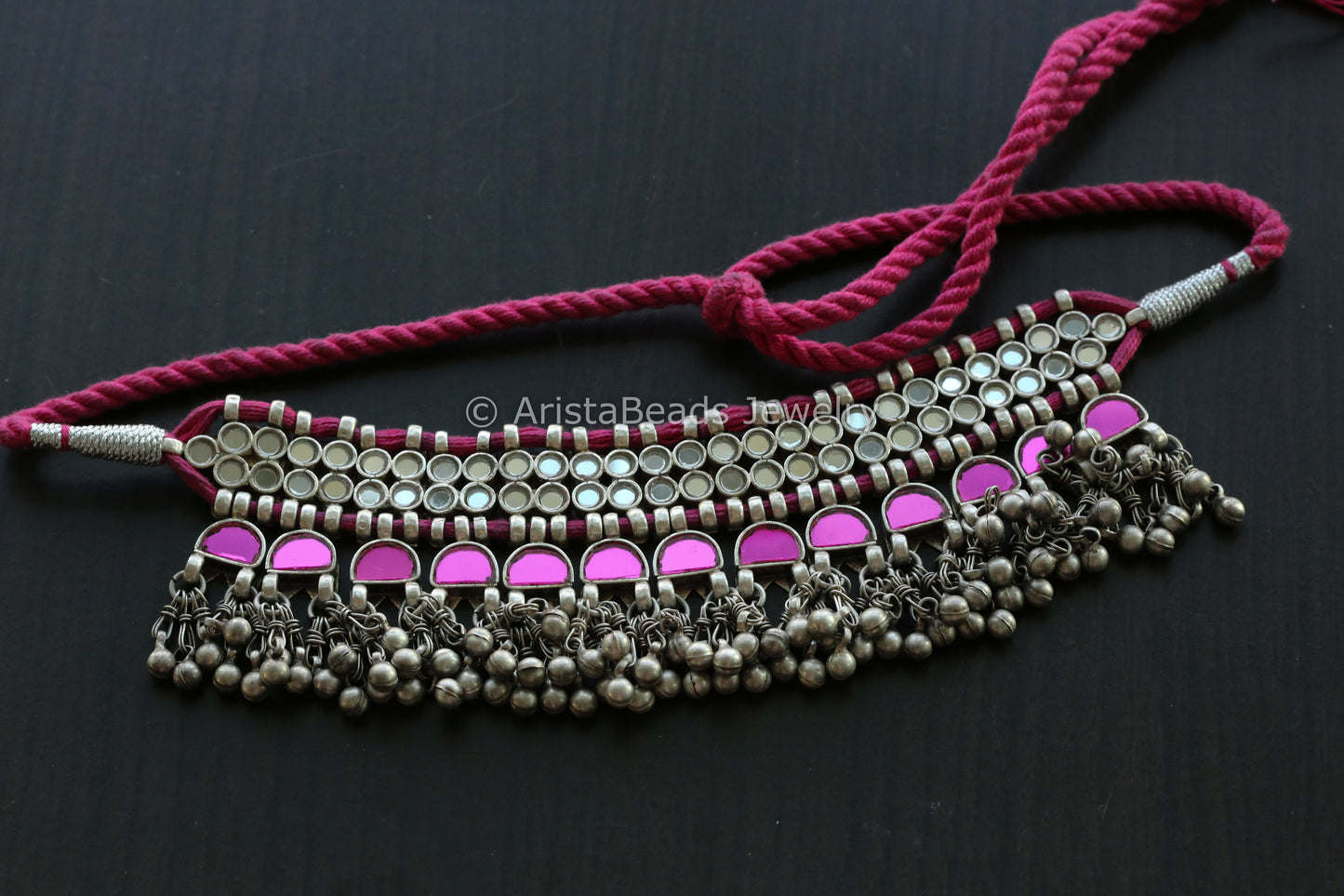 Darpan Oxidized Real Glass Necklace- Pink Clear