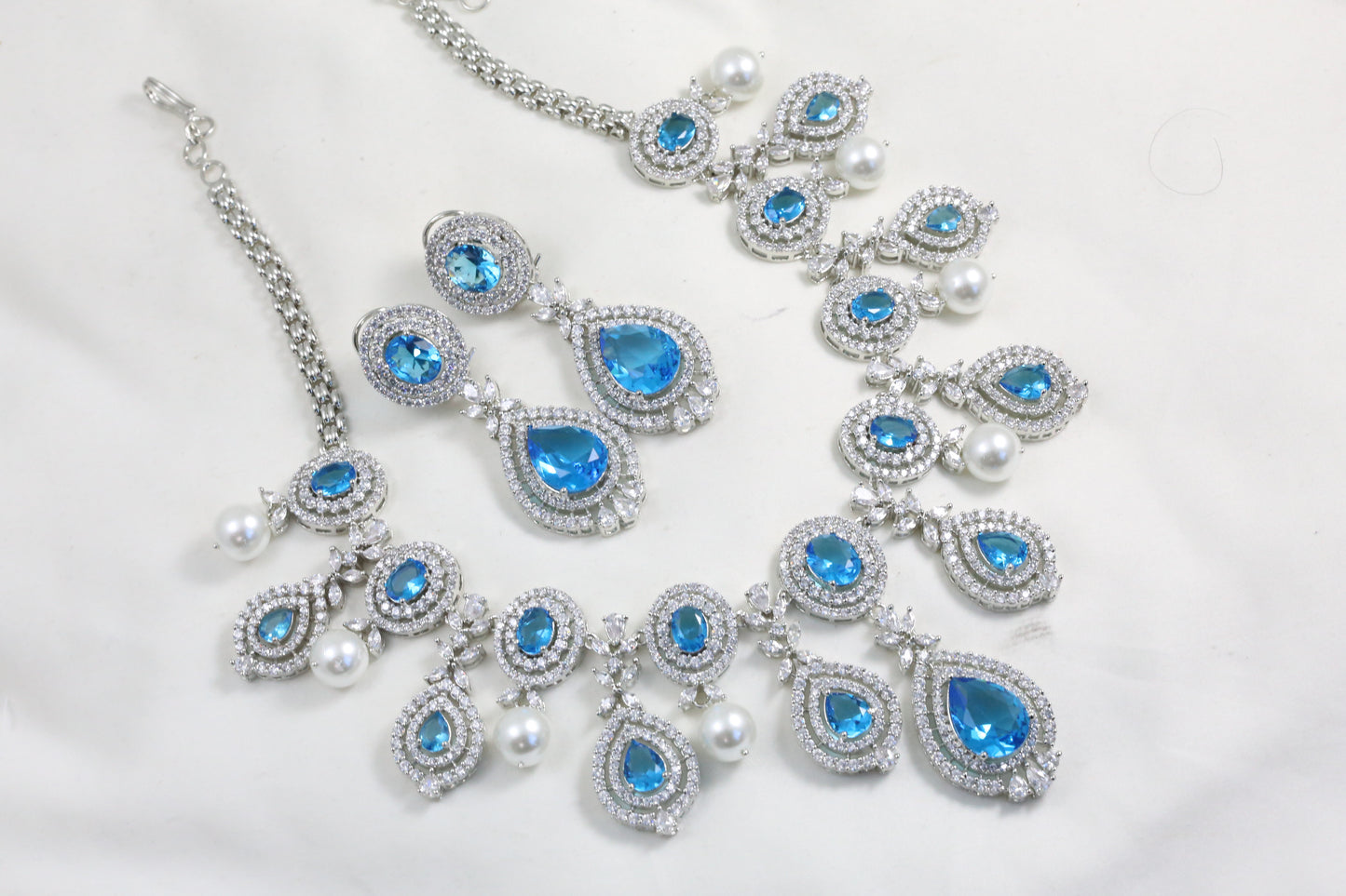 Topaz Blue CZ & Pearl Necklace Set