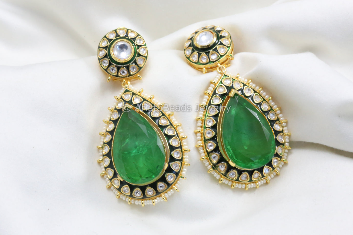 Extra Large Enamel, Uncut Polki & Doublet Stone Earrings - Green