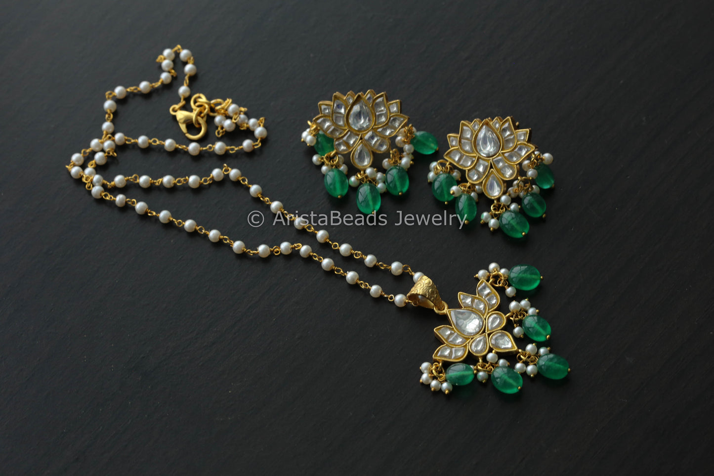 Silver Look Jadau Kundan Lotus Earrings - Clear