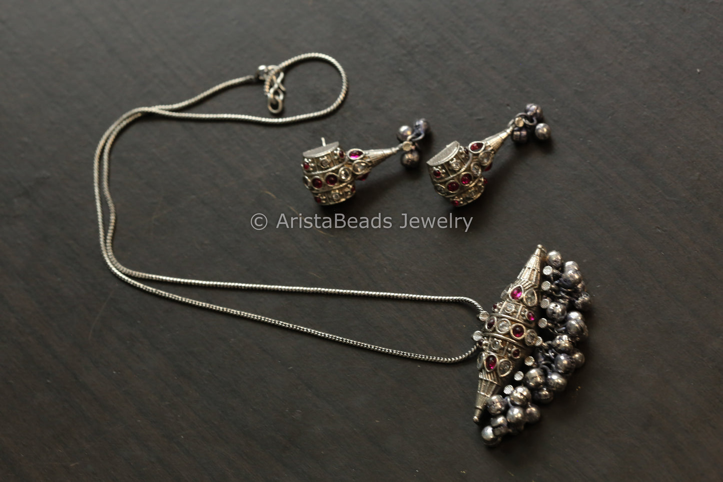 Oxidized Tabeez Necklace Set - Ruby Clear
