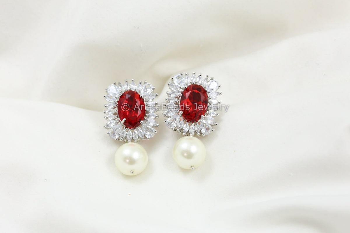 Red CZ Earring With Pearl Drops