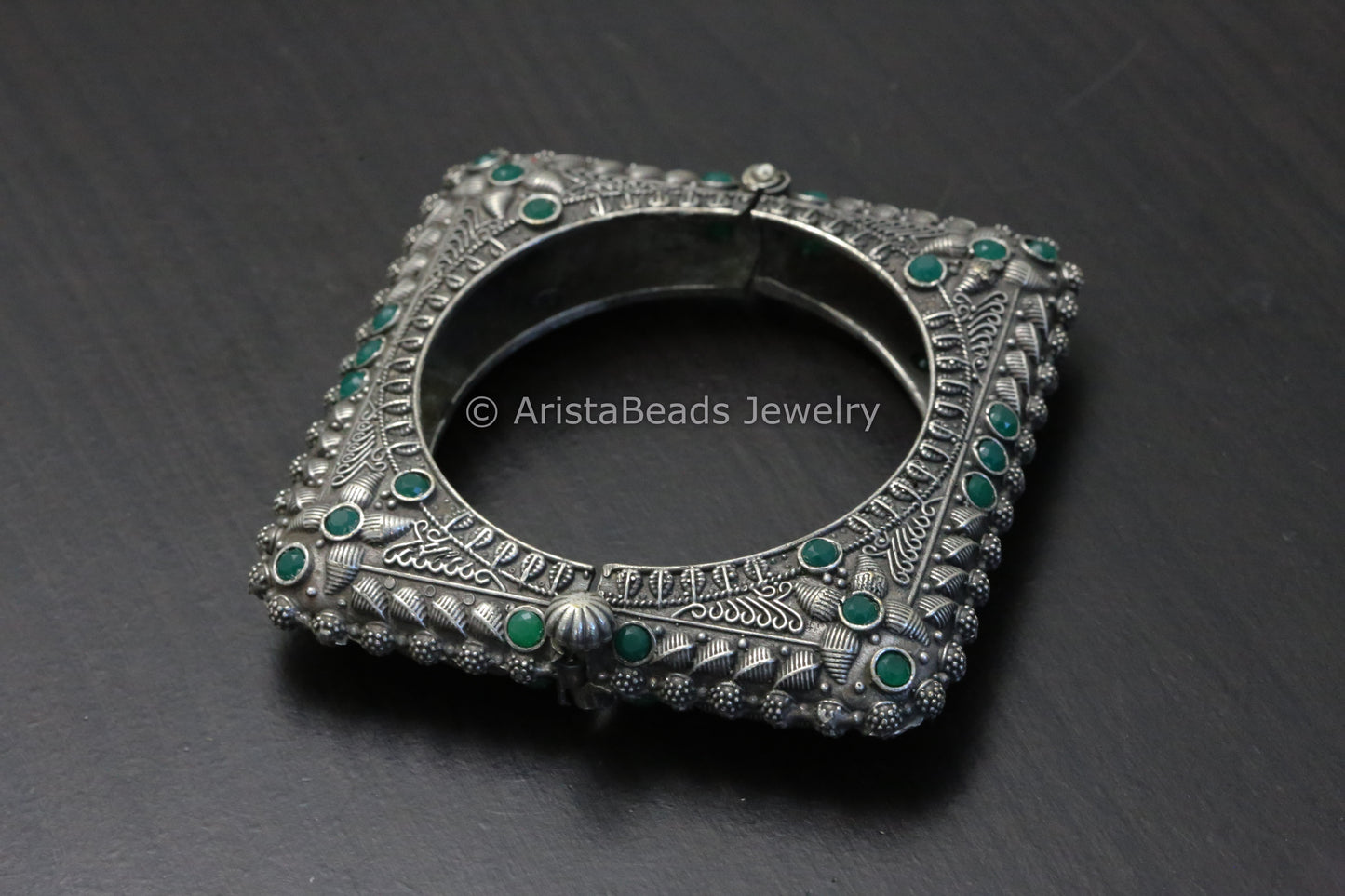 Silver Look Oxidized Square Bangle (Openable) - Green