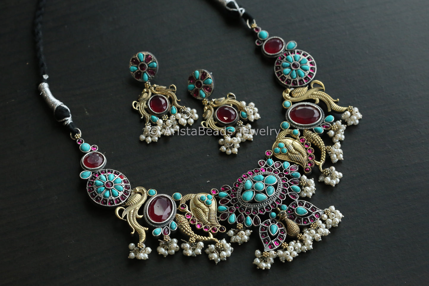 Dual Tone Kemp Stones Necklace Set - Turquoise Ruby
