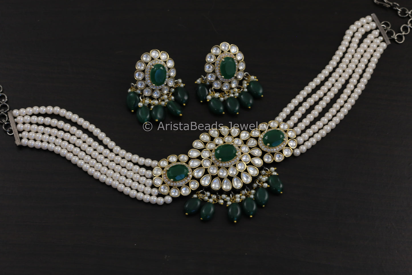 Uncut Kundan Victorian Finish Green Choker Set