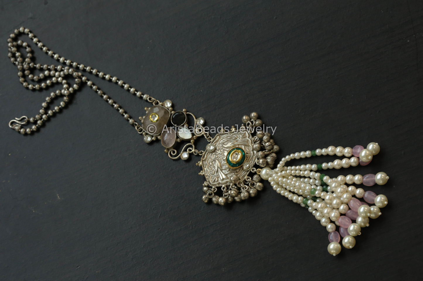 92.5 Silver Polish Kundan & Semiprecious Stones Necklace - Style 2