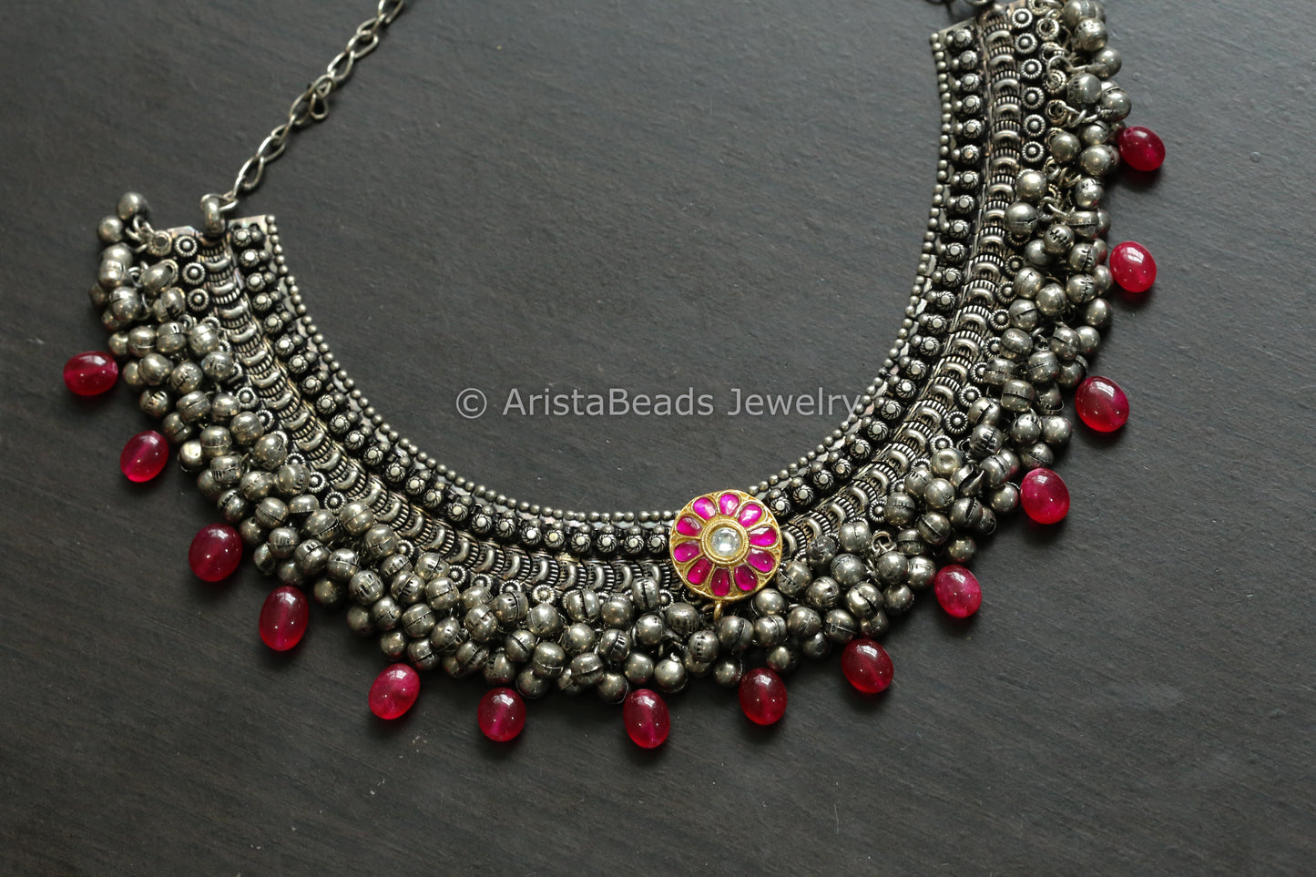 Handmade Oxidized Ghungroo Necklace - Kundan Jadau Motif