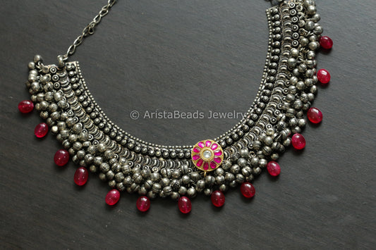 Handmade Oxidized Ghungroo Necklace - Kundan Jadau Motif