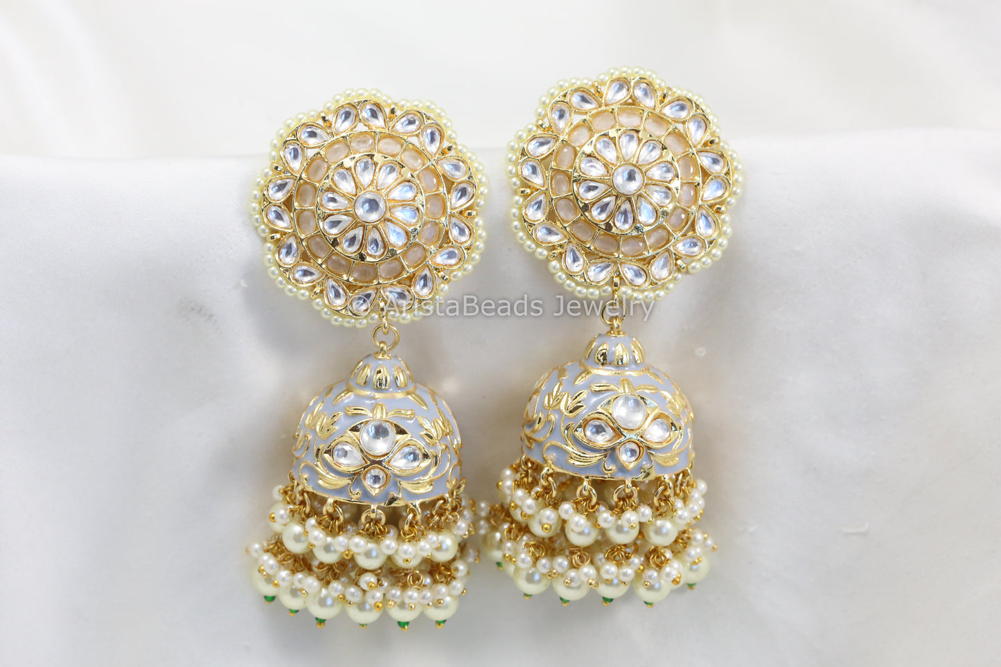 Extra Large Uncut Kundan Enamel Jhumka - Gray