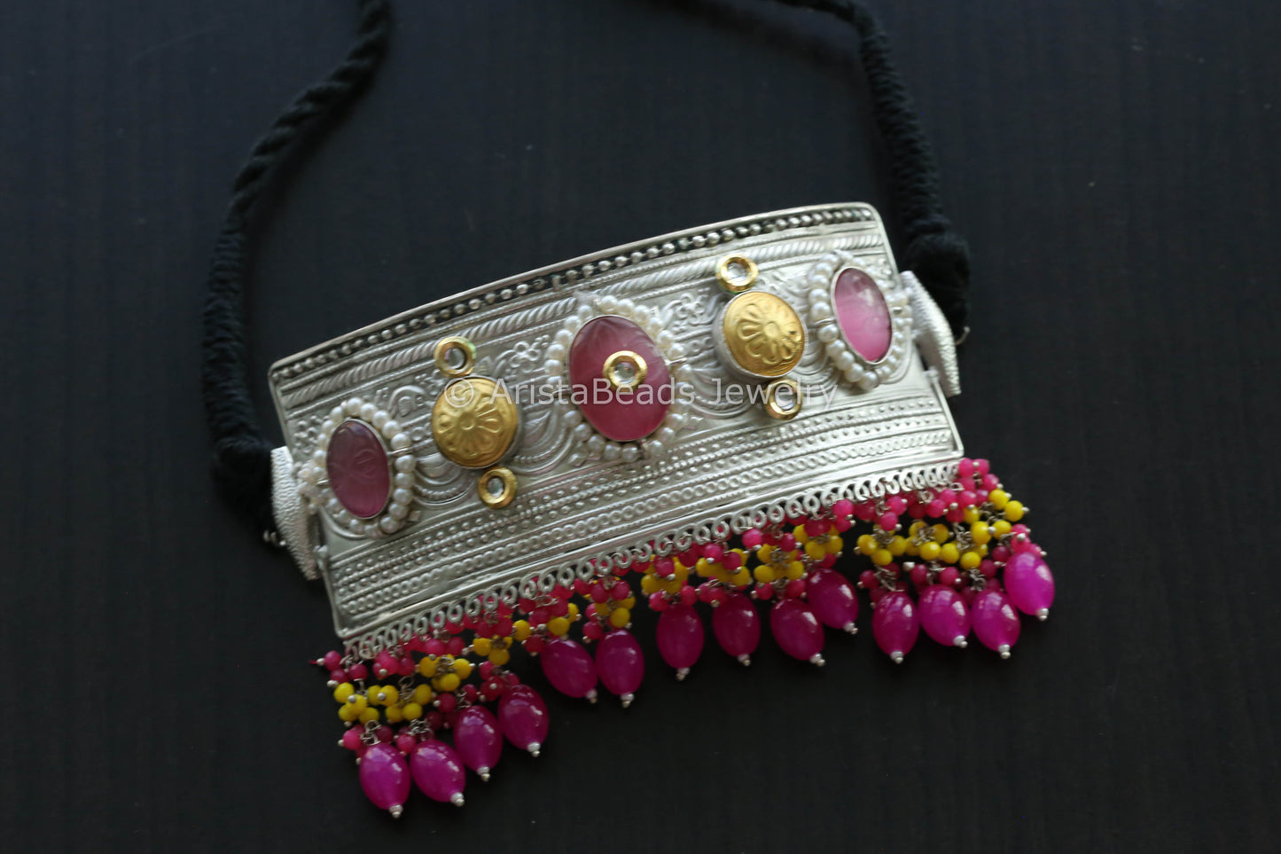Silver Polish Choker - Hot Pink Drops