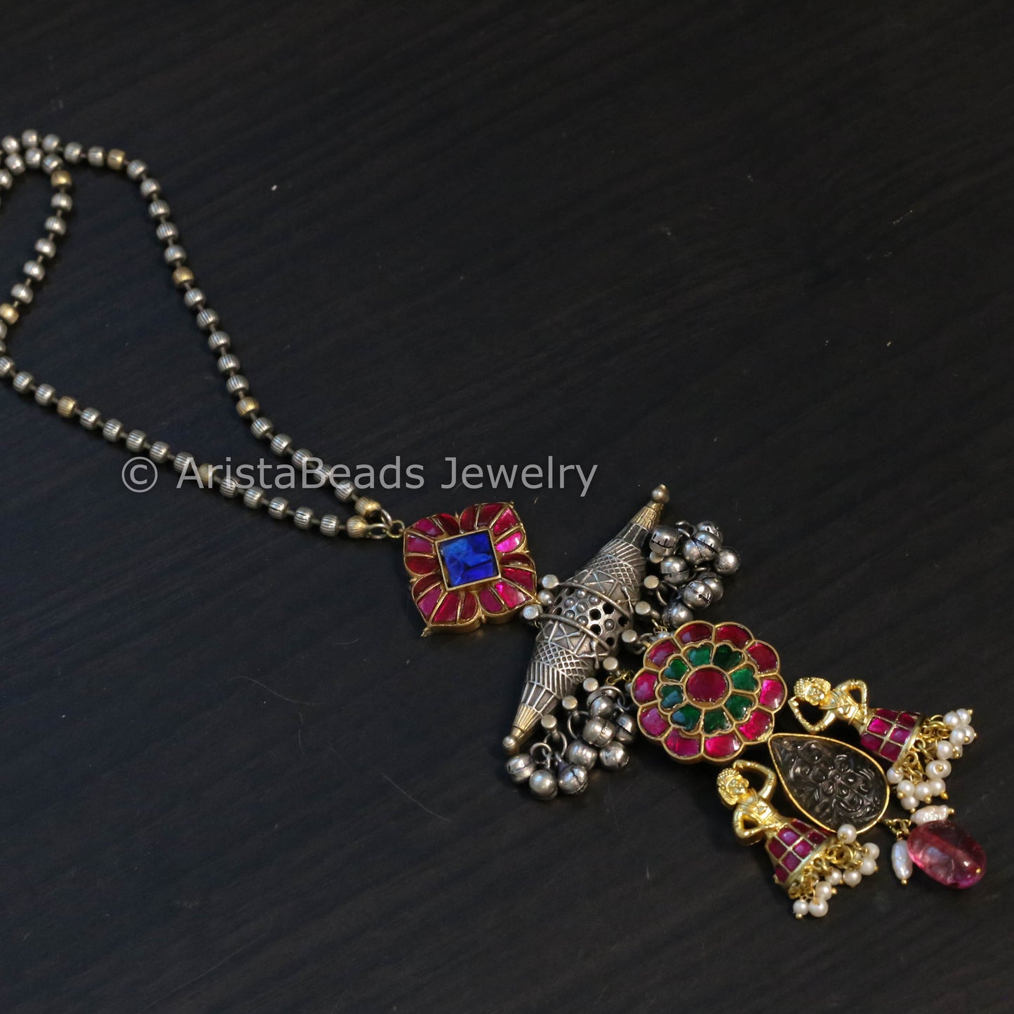 Silver Replica Carved Stone & Jadau Necklace
