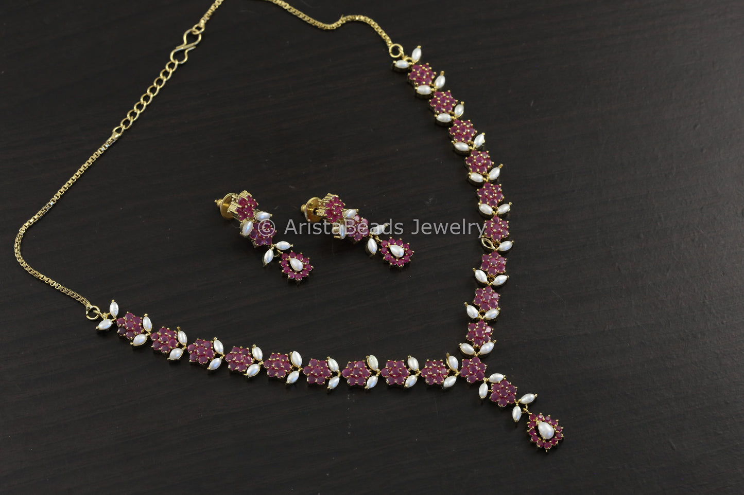 Dainty Ruby & Real Pearls Necklace Set