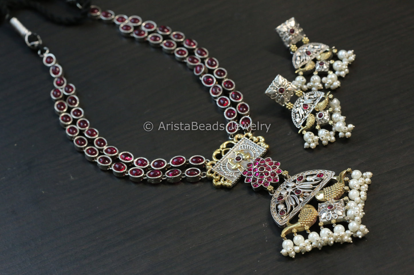 Dual Tone Ruby Kemp Brass Necklace Set