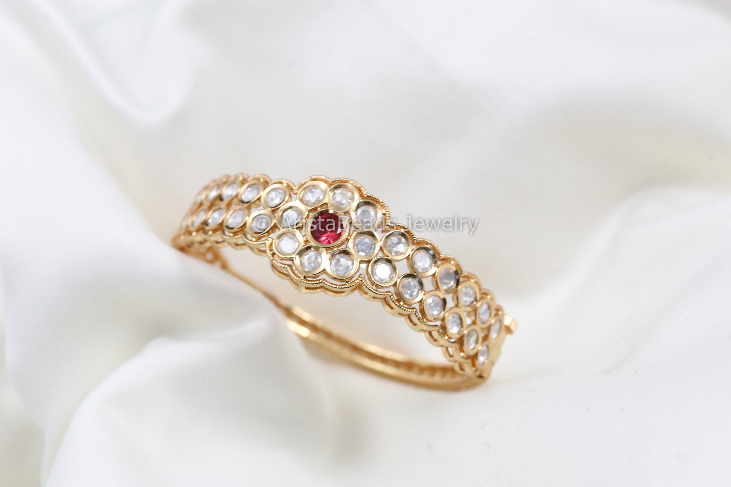 Premium Moissanite Polki Bracelet (Openable) - Red