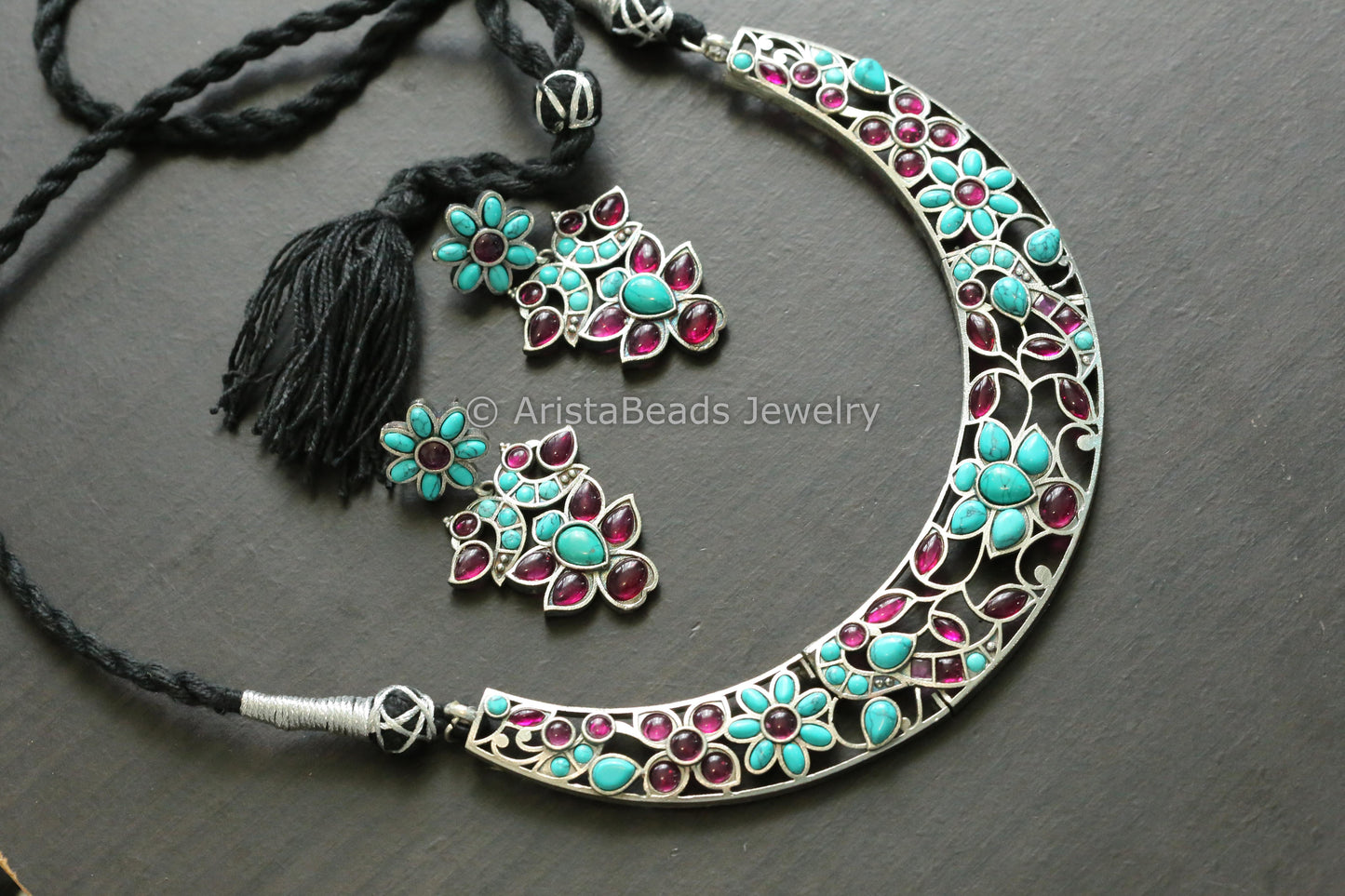 Handmade Oxidized Hasli Necklace - Turquoise Ruby