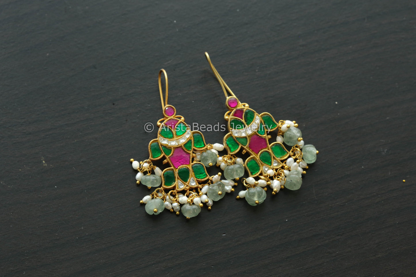 Fluorite & Real Pearls Kundan Fish Earrings - Green