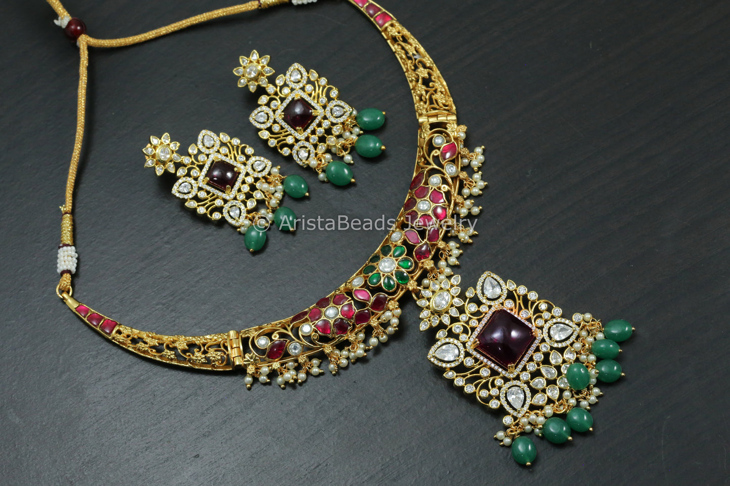 Dainty Jadau Kundan Hasli Set With CZ & Pota Stone - Multi