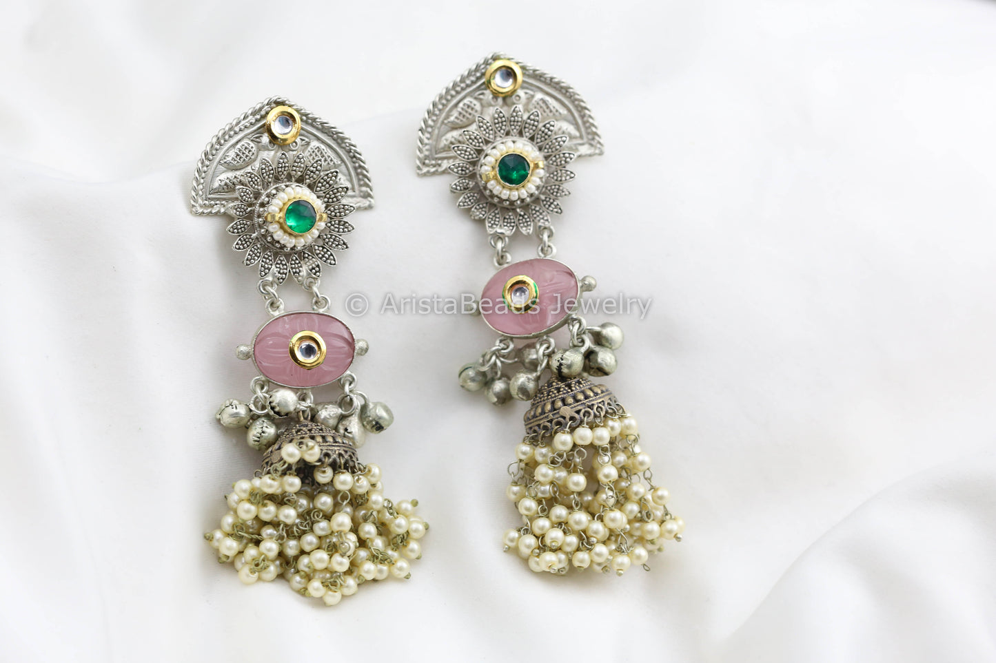 925 Silver Polish Kundan Jhumka - Pink Carved Stone