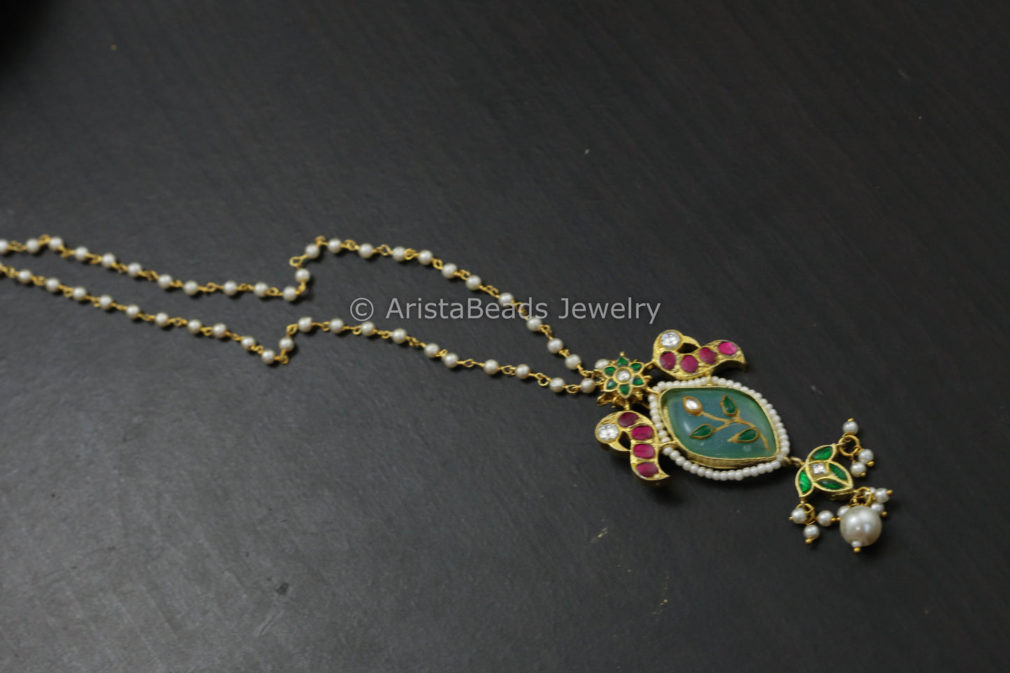 Dainty Jadau Kundan Pendant Necklace - Mint