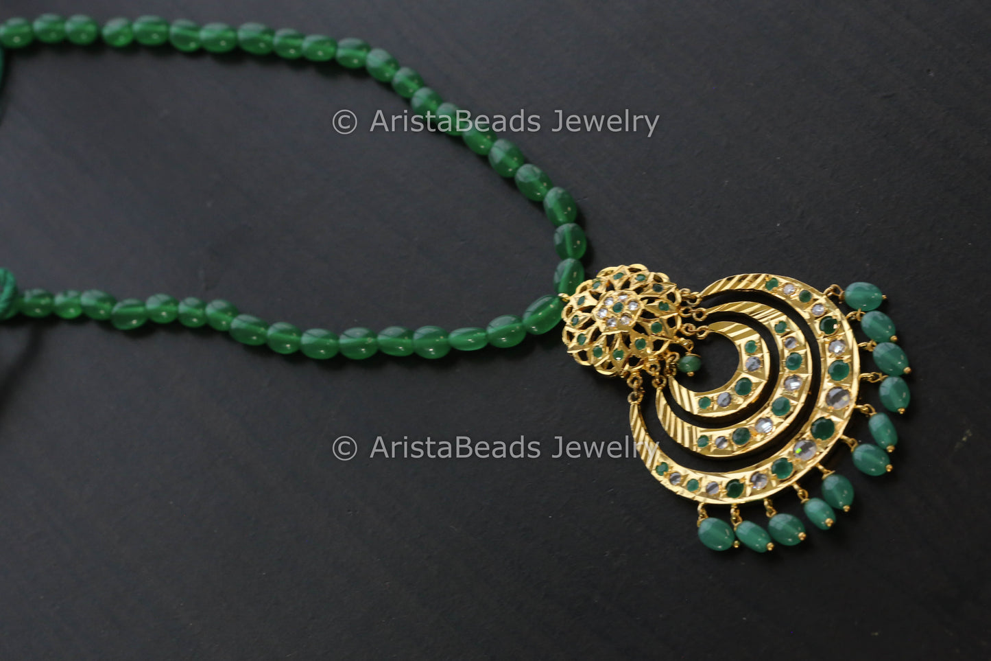 Handmade CZ Jadau Pendant Necklace- Green