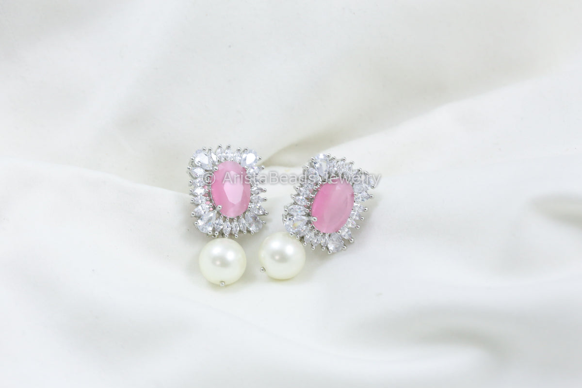 Pink CZ Earring With Pearl Drops