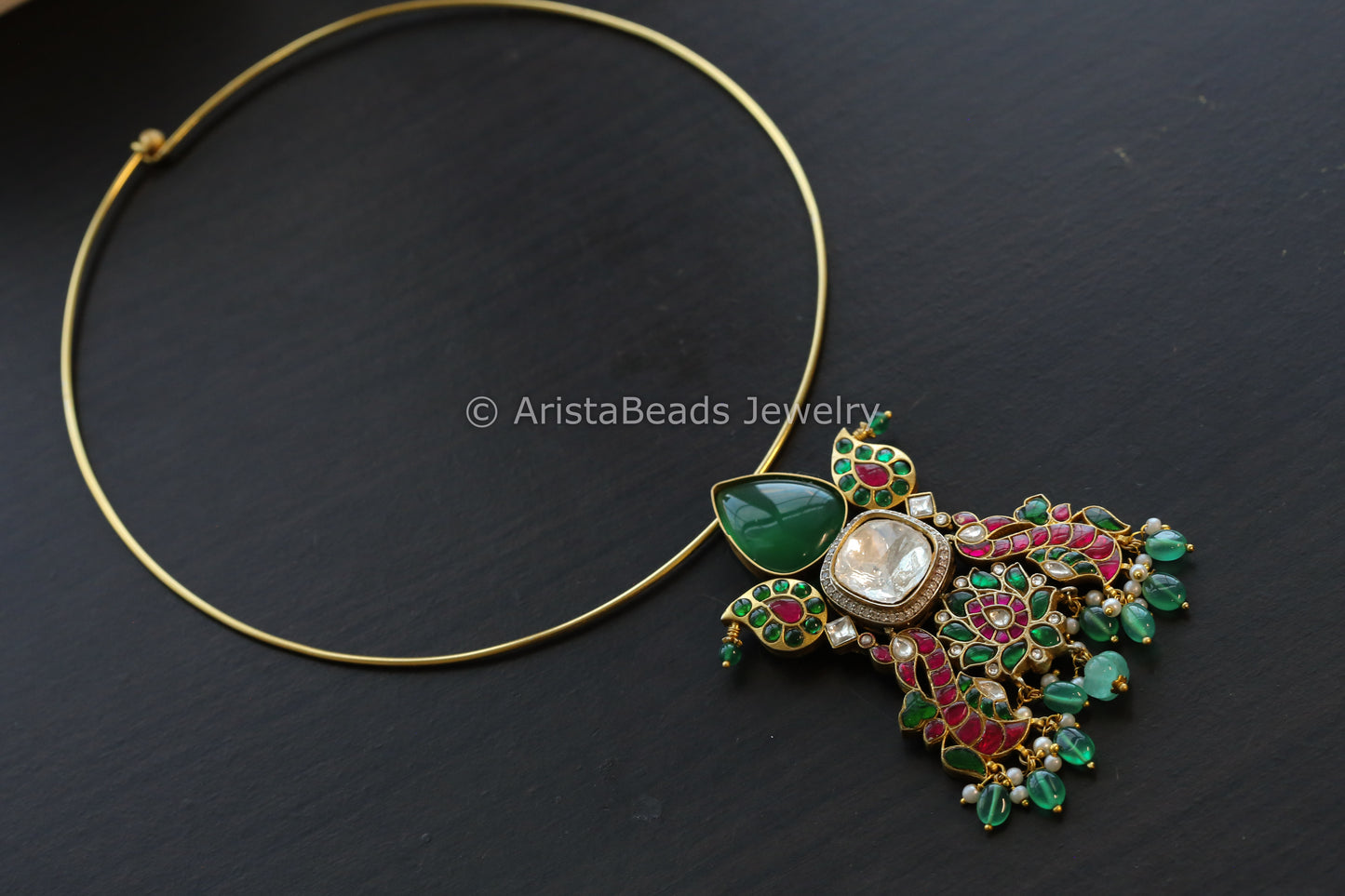 Silver Replica Green Onyx Jadau Hasli Necklace
