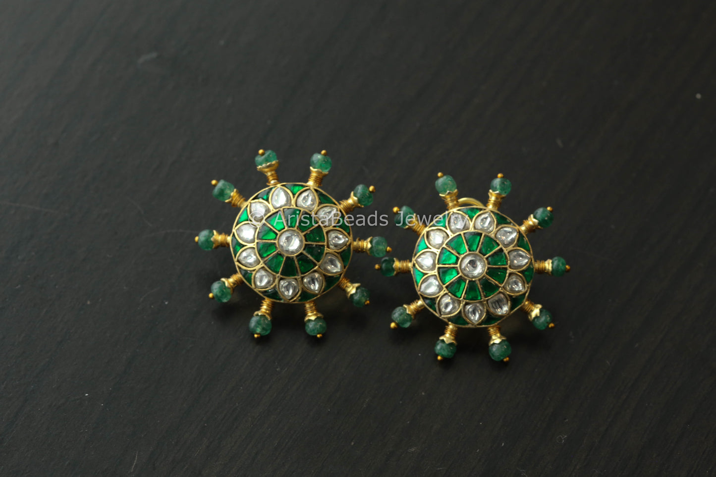 Jadau Kundan Green Fluorite Bead Studs