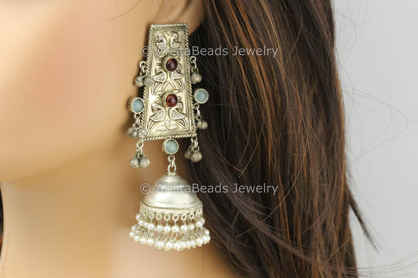 Large Mint Red Silver Polish Clear Jhumka