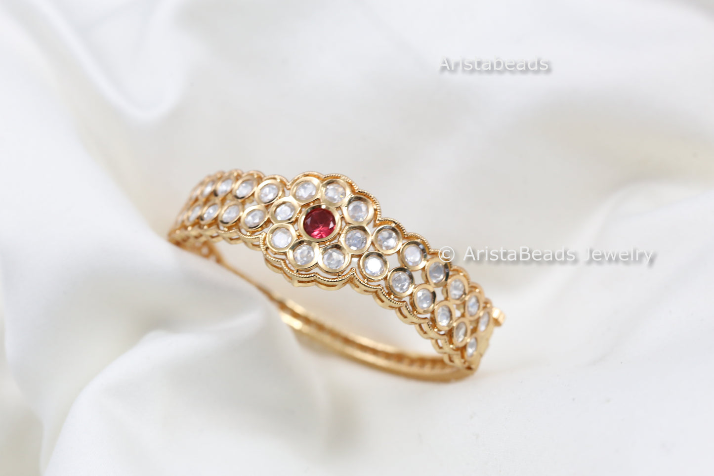 Premium Moissanite Polki Bracelet (Openable) - Red