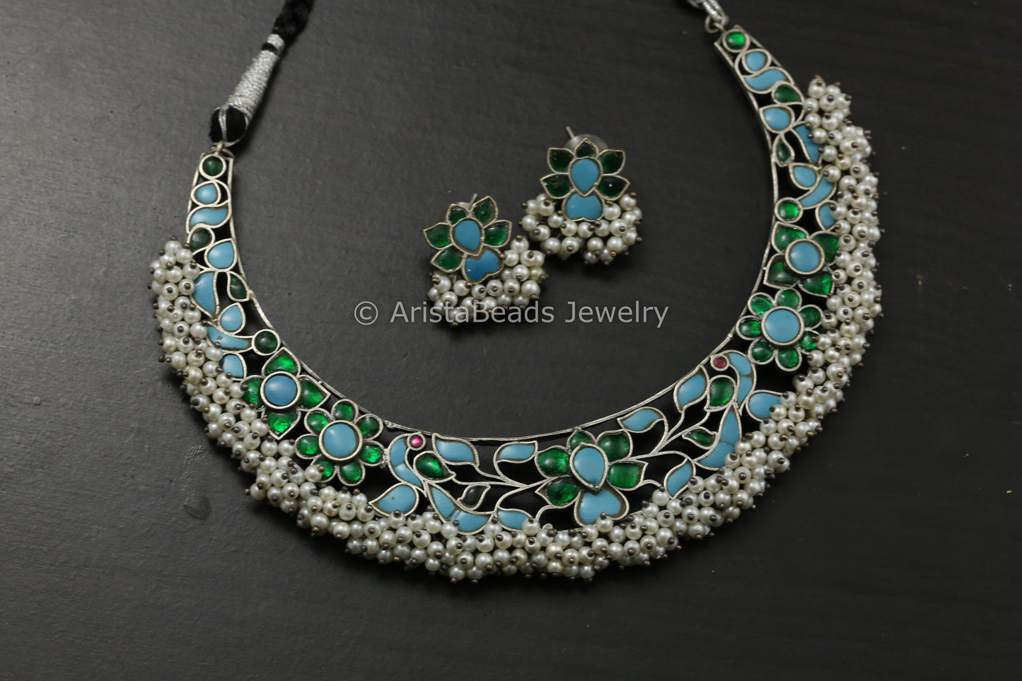 Silver Finish Jadau Hasli Necklace Set - Turquoise Green