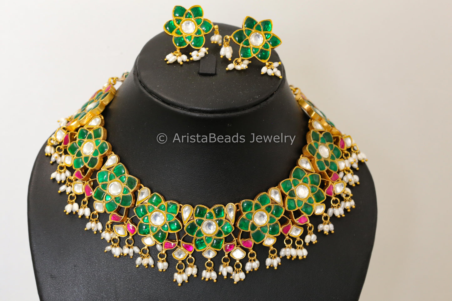 Next To Real Silver Jadau Necklace Set - Green