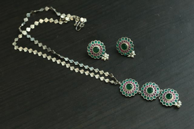 Silver Look Long Necklace Set - Red Green