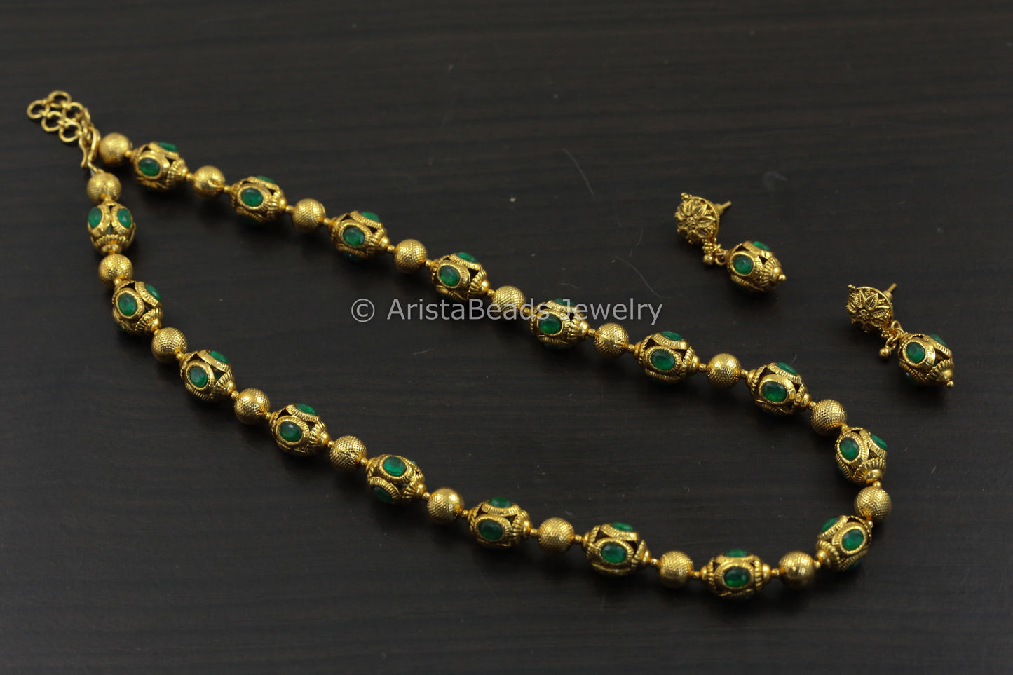 Antique Gold Green Beaded Necklace Set