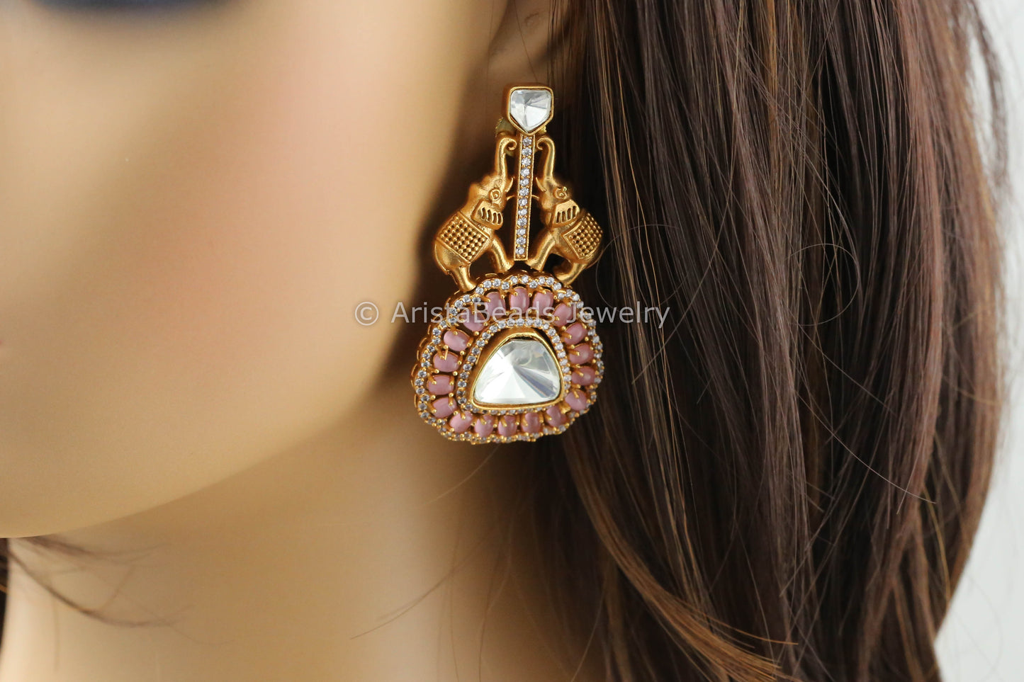 Uncut Polki Antique Earrings - Pink