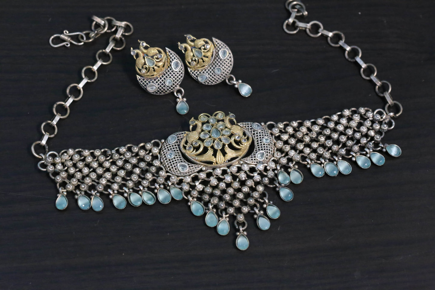 Mint CZ Drops Flexible Oxidized Necklace Set