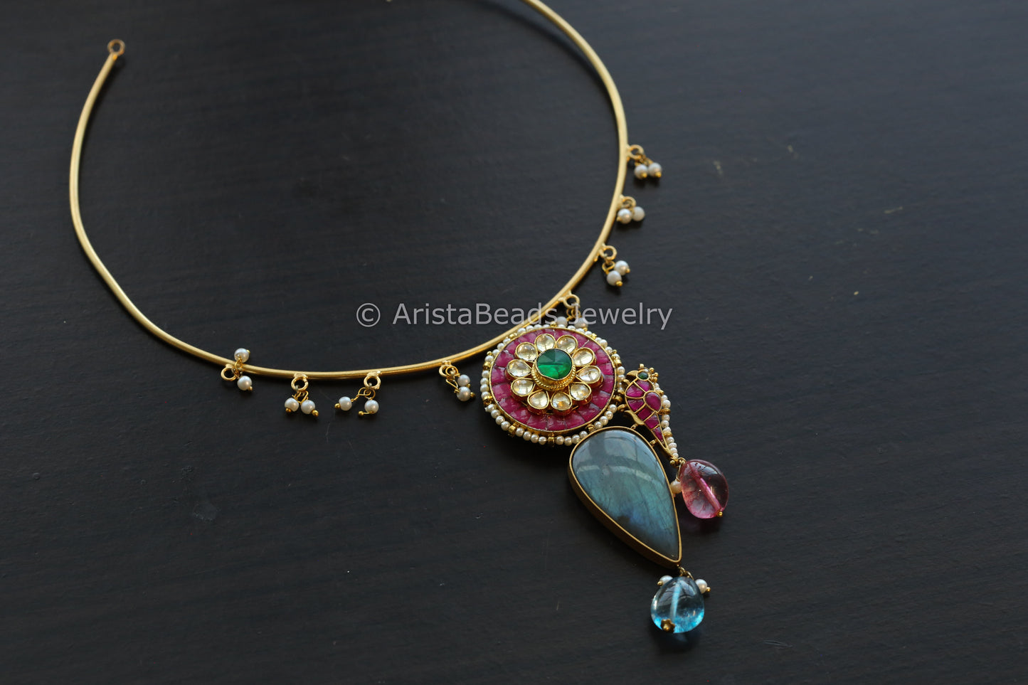 Silver Replica Labradorite Jadau Hasli Necklace