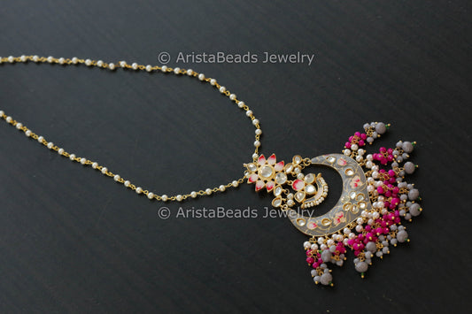 Handmade Pearl Chain Necklace With Enamel Pendant - Gray