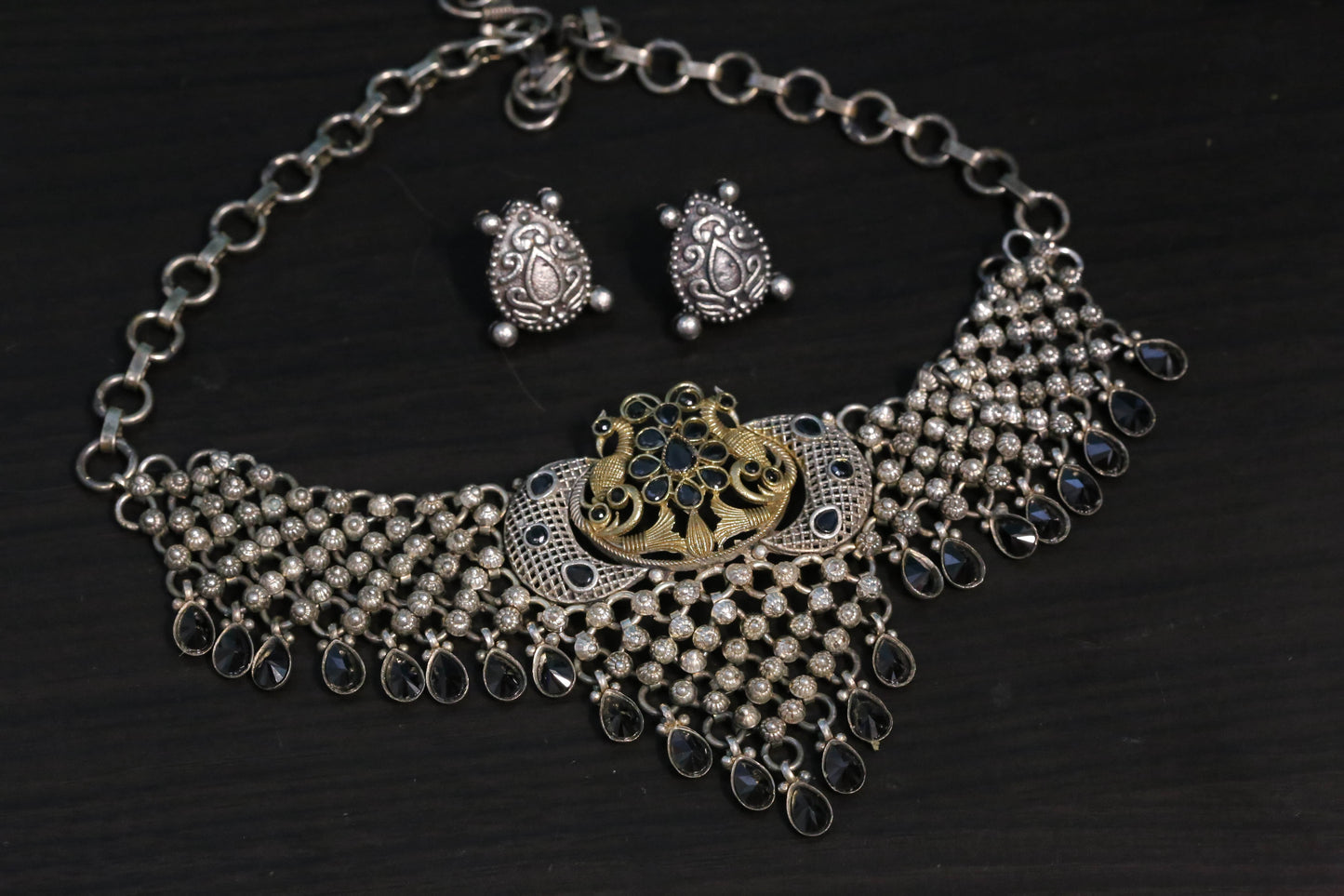 Black CZ Drops Flexible Oxidized Necklace Set