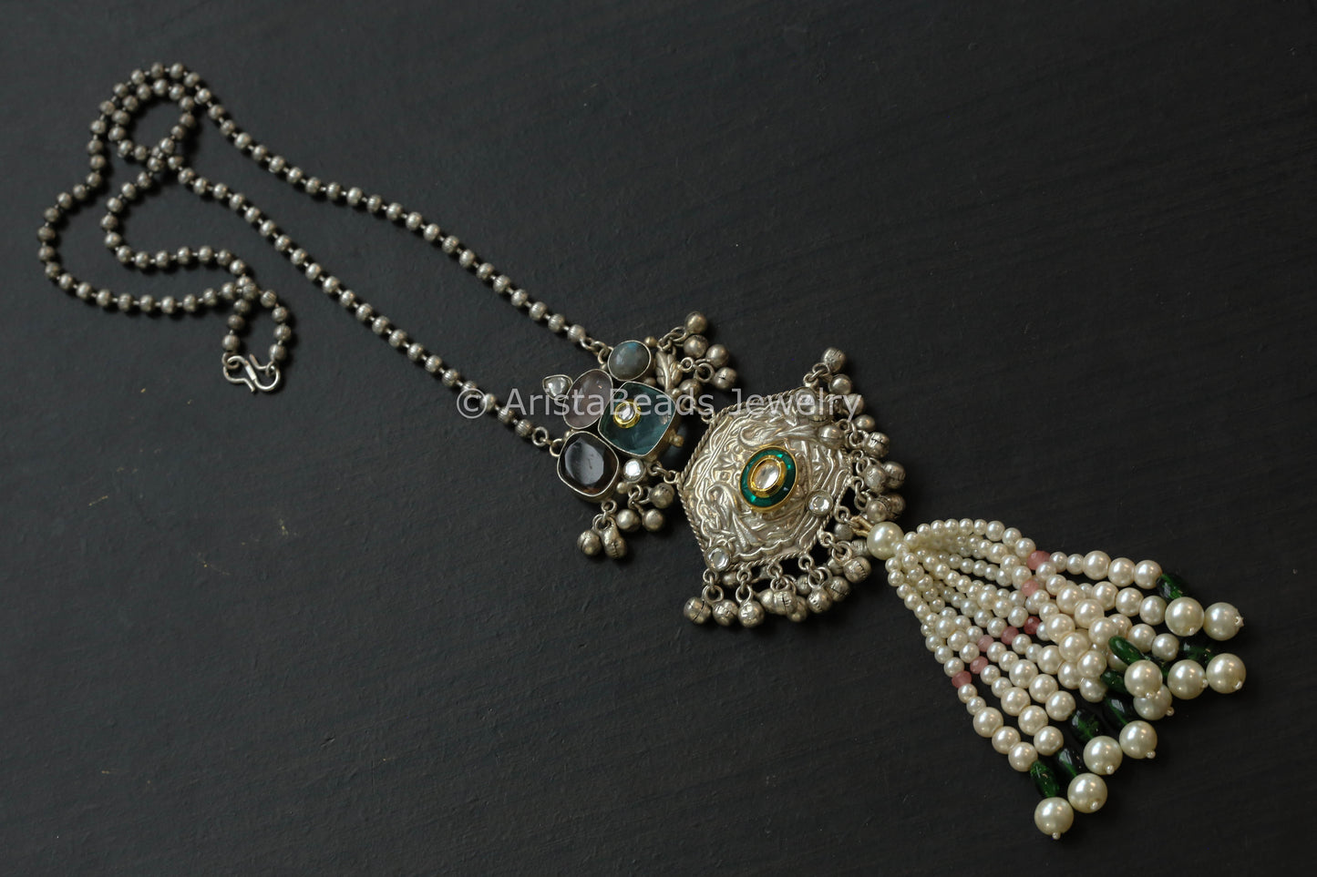 92.5 Silver Polish Kundan & Semiprecious Stones Necklace - Style 1