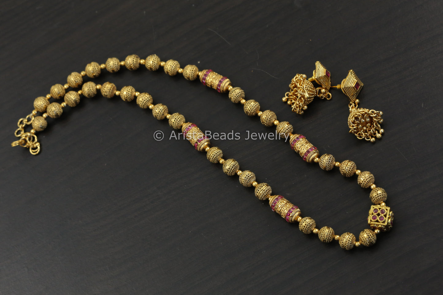 Antique Gold Beaded Necklace Set - Ruby