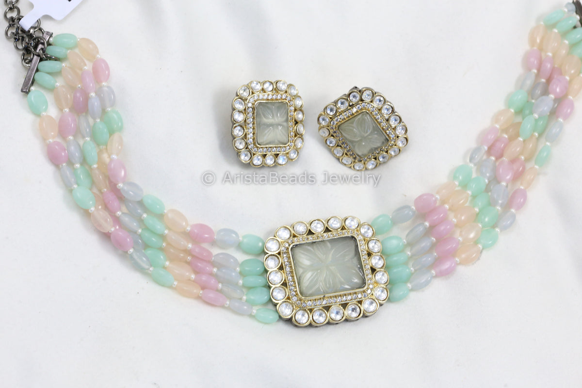 Pastel Carved Stone CZ & Kundan Polki Choker Set