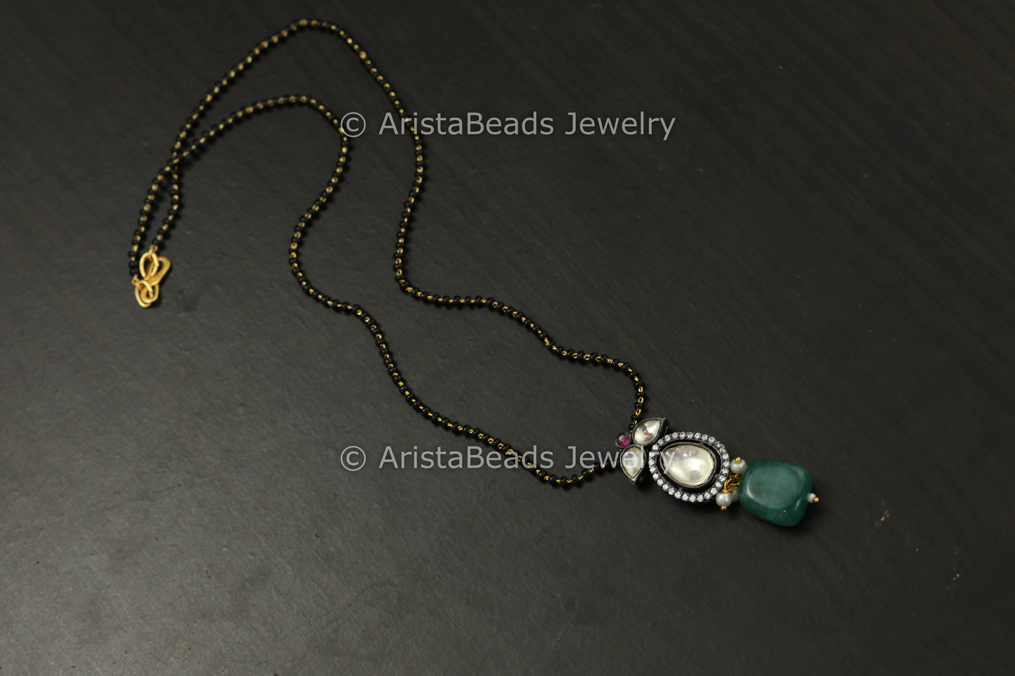 Black Bead Victorian Polki Pendant Mala