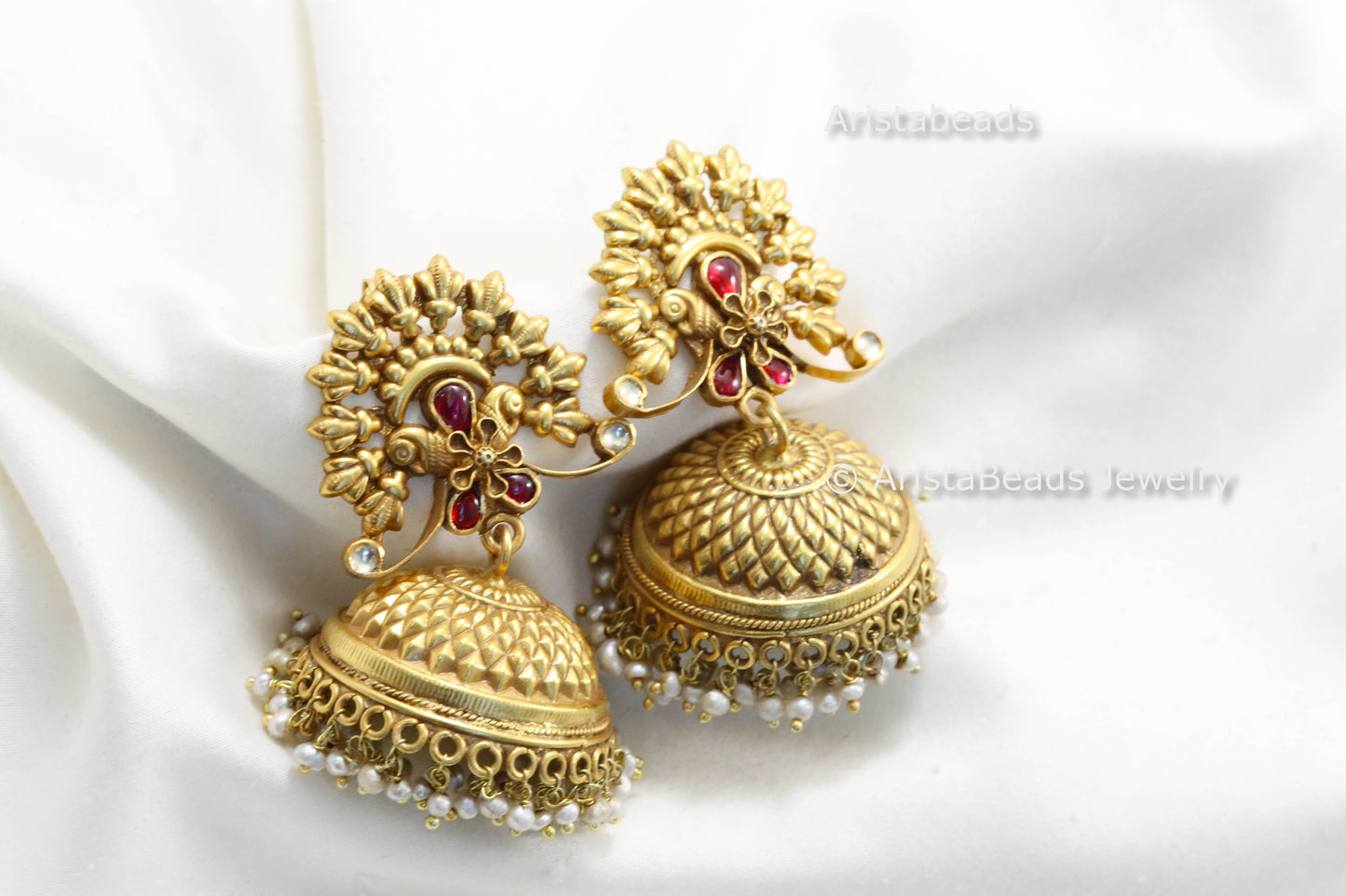 Large 925 Silver Nakshi Kundan Jhumka With Real Pearls