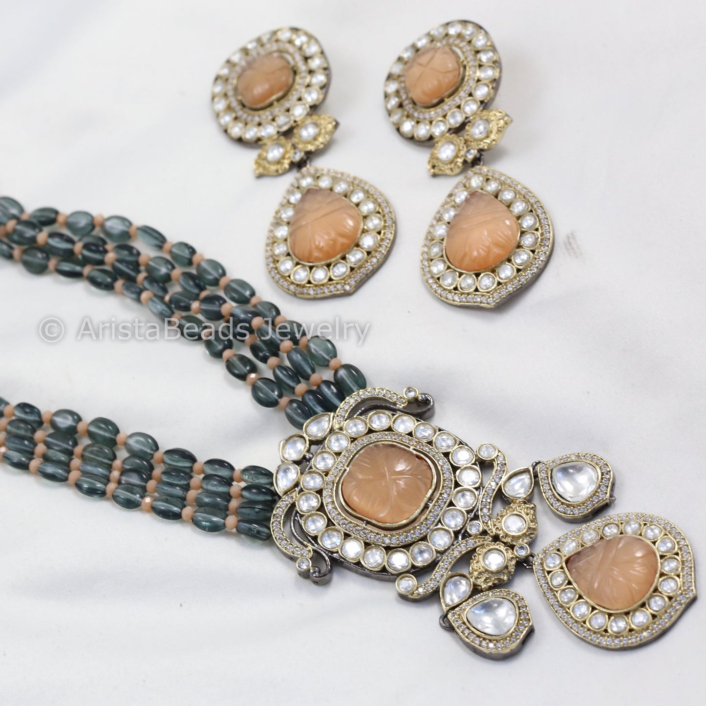 Contemporary Victorian Uncut Kundan Necklace Set - Orange