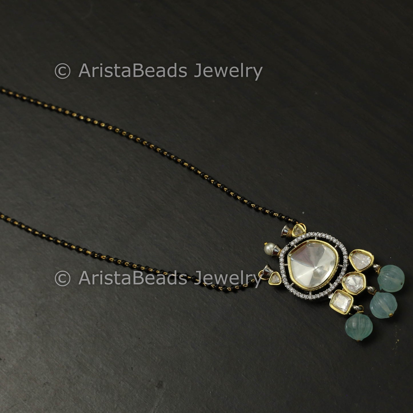 Black Bead Polki Pendant Mala - Mint Melon Drops